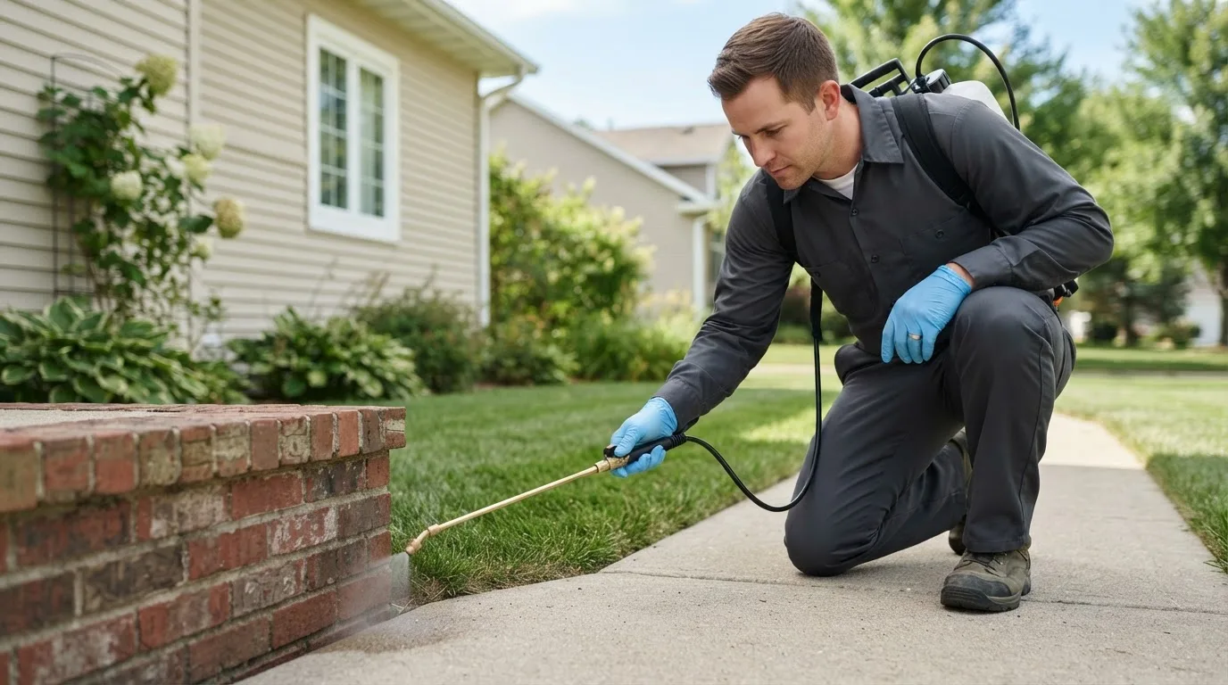 Pest control technician treating a home near Dunlo, PA