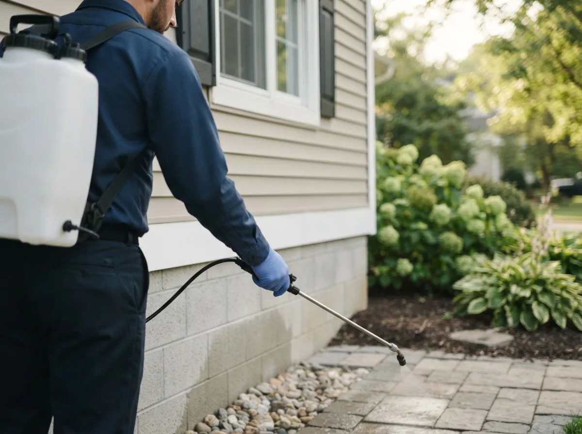 Pest control technician inspecting a home in Dunlo, PA